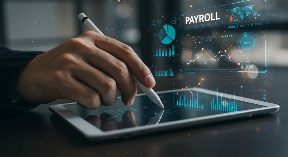 A hand writing on a tablet with a neon graph layered on top showing graphs that say payroll. The main colours are blue and white.